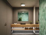 Salle de bain moderne avec meuble en bois, lavabo noir, carreaux verts et plafonnier LED