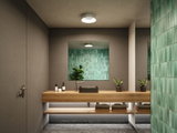 Modernes Badezimmer mit Holzwaschtisch, schwarzem Waschbecken und grünen Wandfliesen, LED-Deckenleuchte