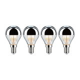 Vier LED-Glühbirnen mit silberner Spiegelkappe und E14-Fassung für energiesparende Beleuchtung