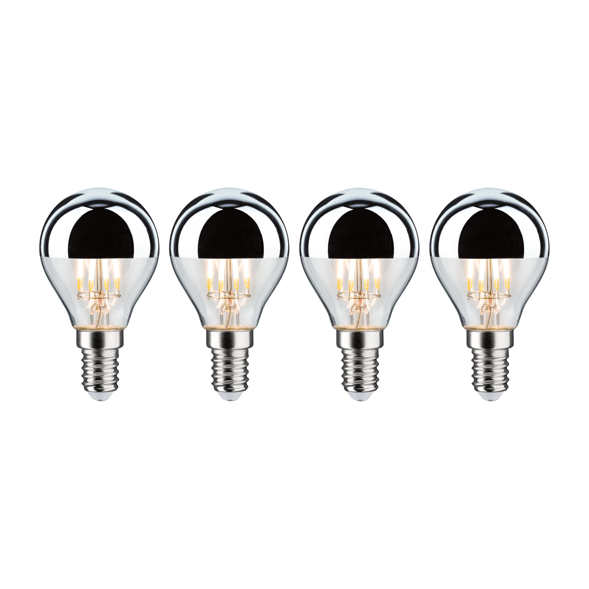 Modern Classic Edition Standaard 230 V LED-kogellamp Kopspiegel E14 4x440lm 4x4,8W 2700K dimbaar Kopspiegel zilver Set van vier LED-lampen met zilveren spiegelkap en E14-fitting voor energiezuinige verlichting