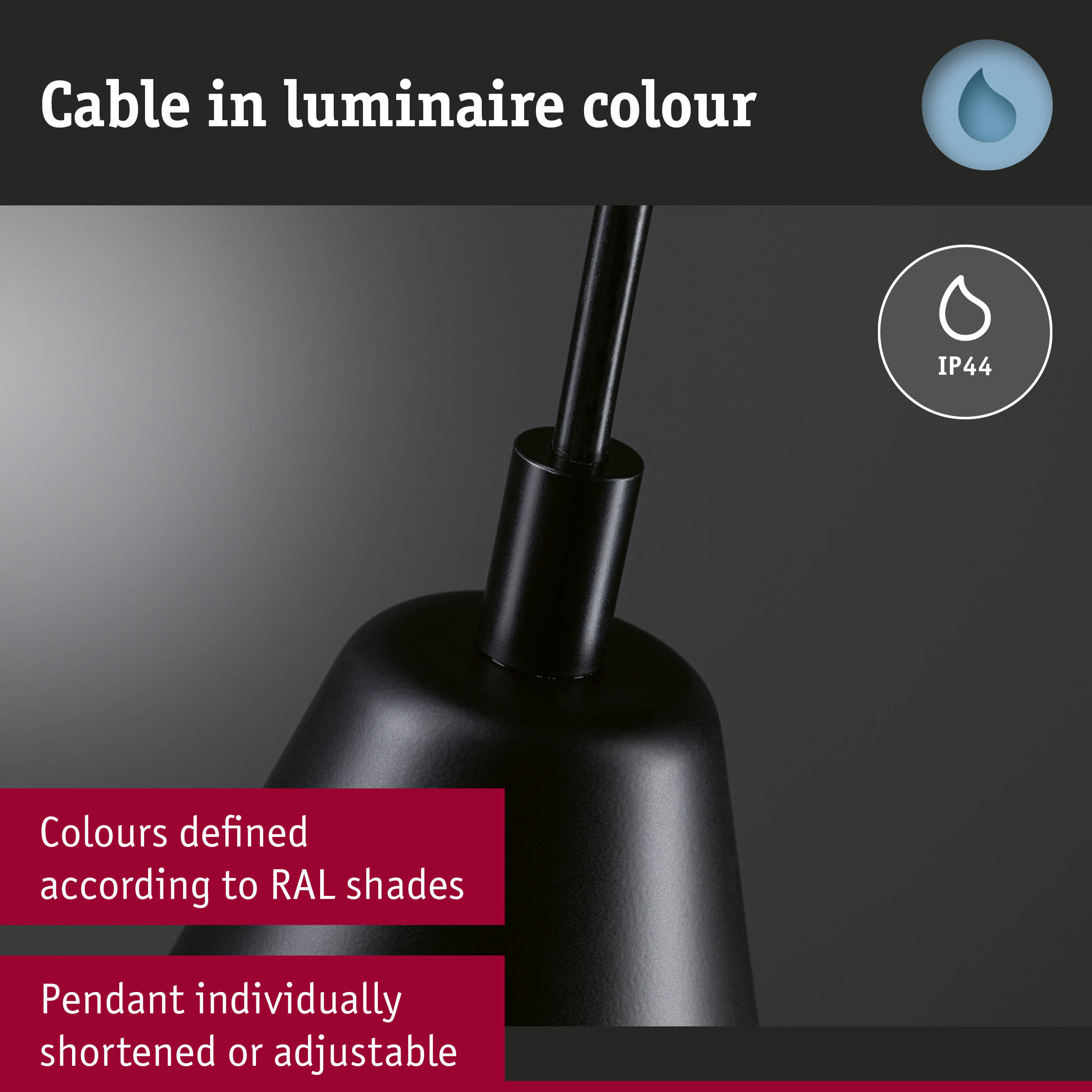 Black pendant light cable with IP44 protection, adjustable length and RAL colour options