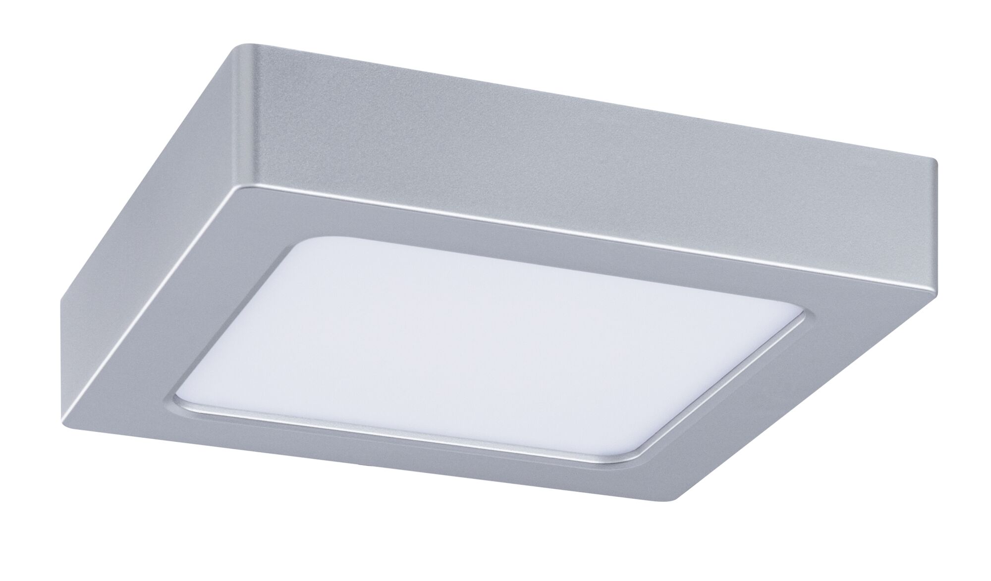 Quadratische Deckenleuchte aus silbernem Aluminium mit weißem Diffusor für moderne Innenbeleuchtung