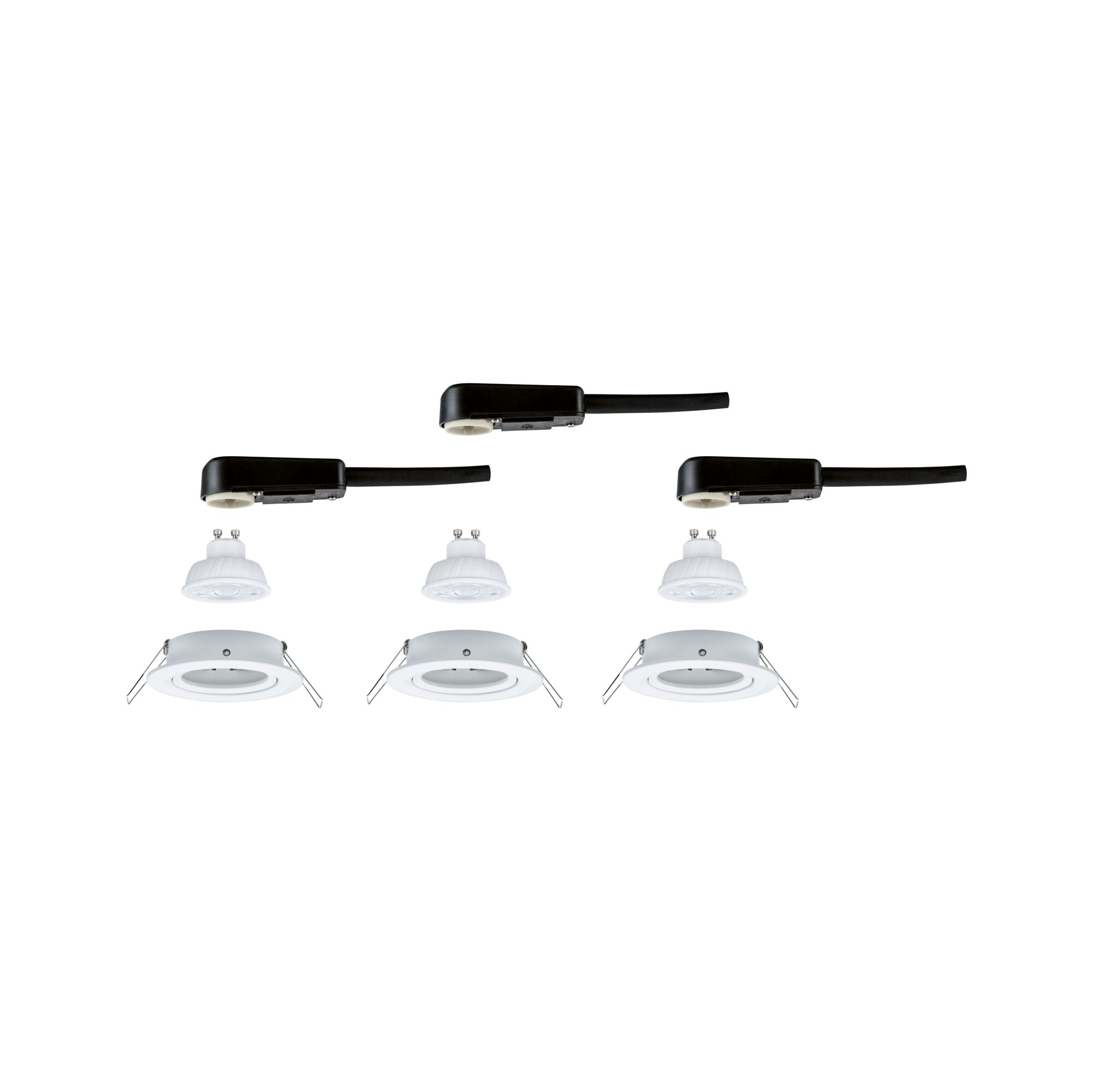 Drei weiße Einbaustrahler mit GU10 LED-Lampen und schwarzen Anschlusskabeln für Deckenbeleuchtung