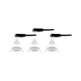 Drei weiße Einbaustrahler mit GU10 LED-Lampen und schwarzen Anschlusskabeln für Deckenbeleuchtung