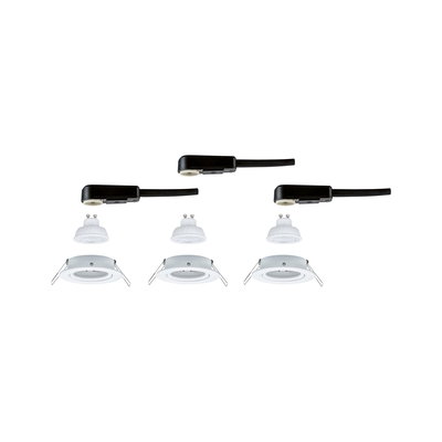 Drei weiße Einbaustrahler mit GU10 LED-Lampen und schwarzen Anschlusskabeln für Deckenbeleuchtung