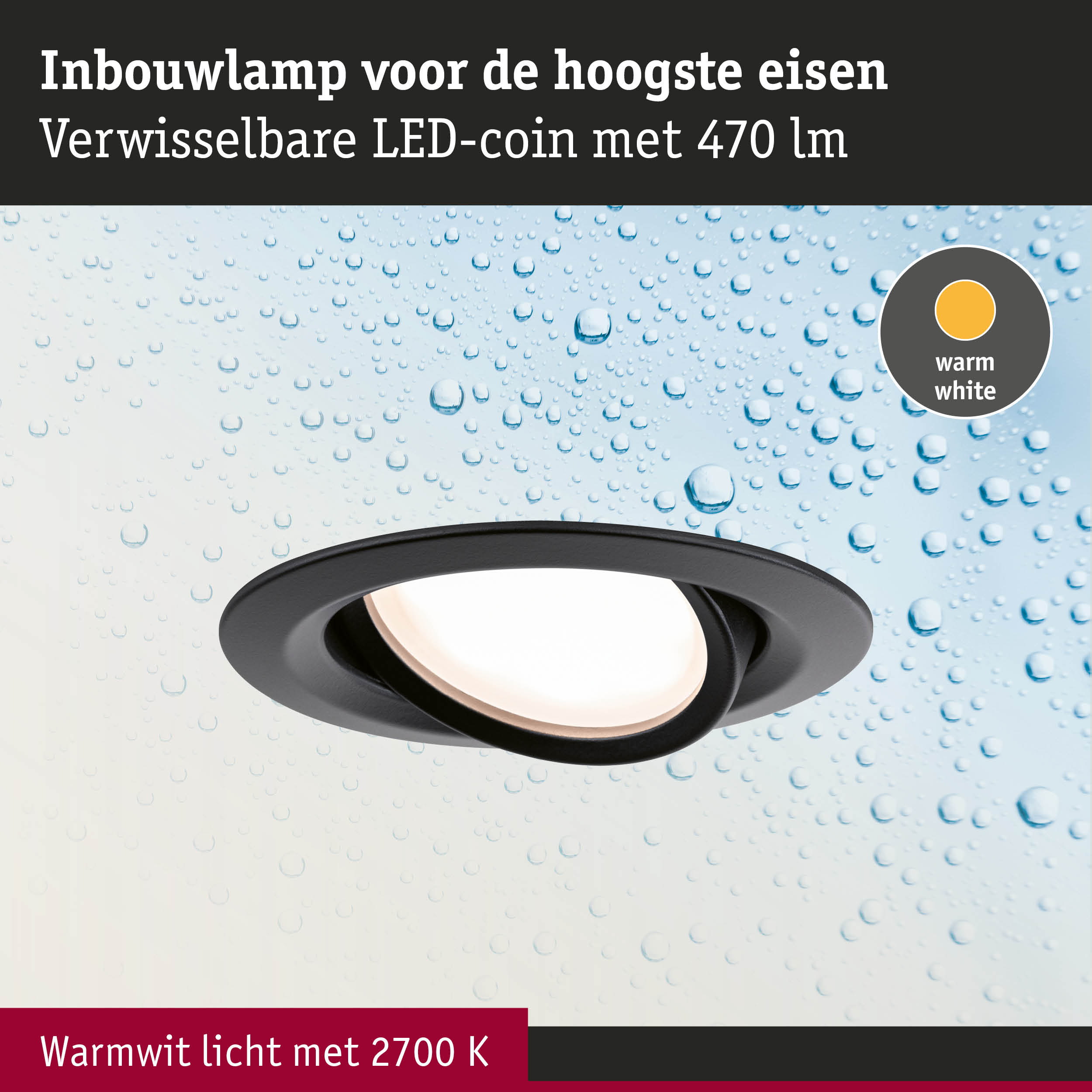 Zwarte inbouwspot met verwisselbare warmwitte LED en 470 lumen voor woonverlichting