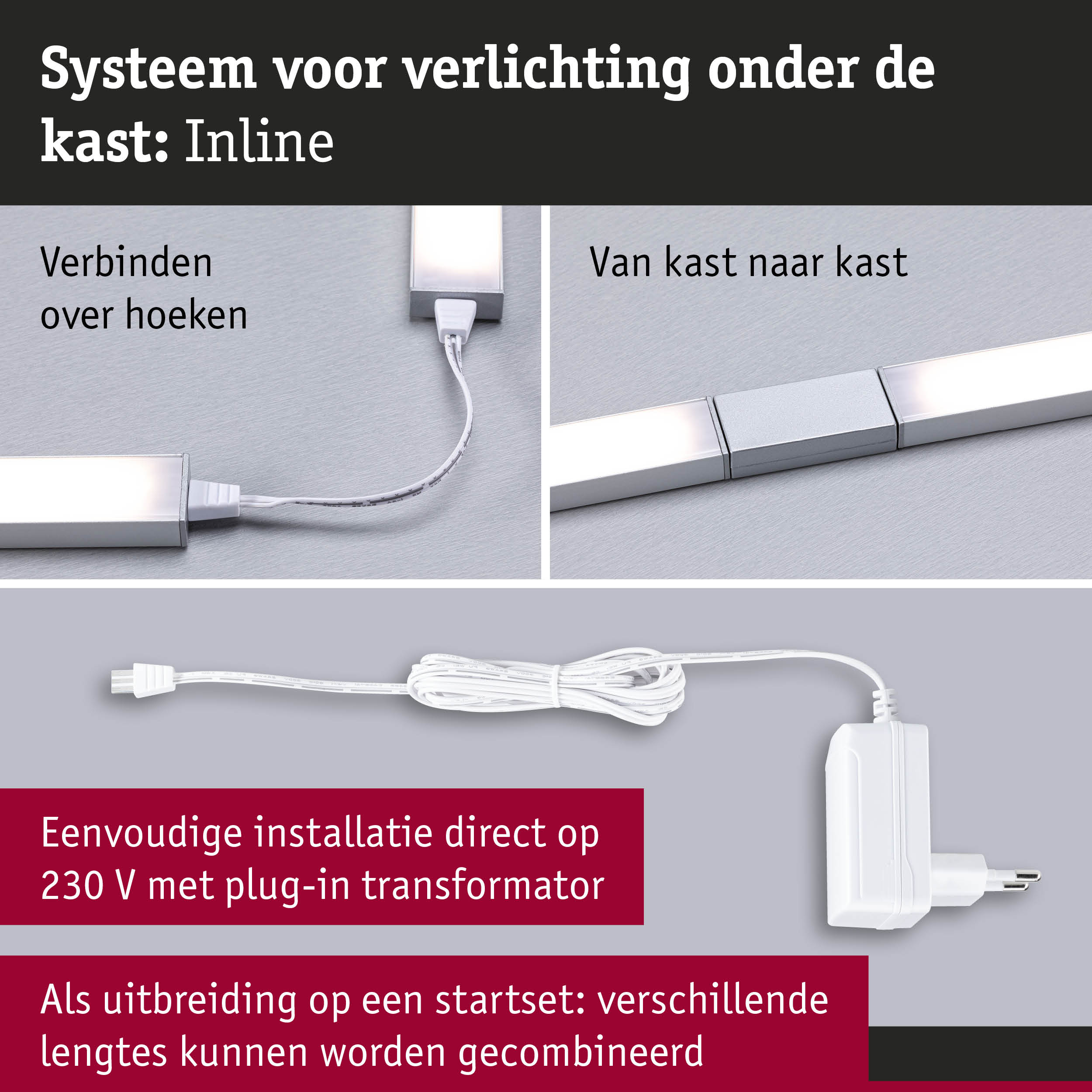 Modulair wit aluminium LED-verlichtingssysteem voor onder kasten met stekkerverbindingen voor flexibele installatie
