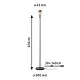 Vloerlamp met zwarte metalen staaf, koperen lampenhouder en ronde marmeren voet, hoogte 120 cm