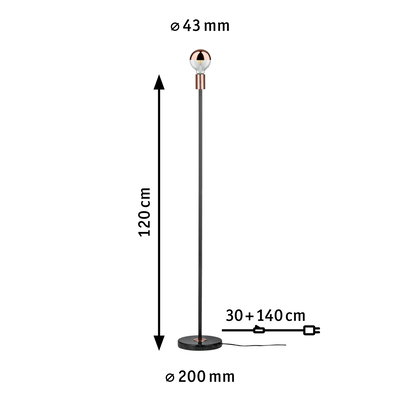 Stehlampe mit schwarzem Metallstab, kupferfarbenem Lampenhalter und rundem Marmorfuß, Maße 120 cm hoch