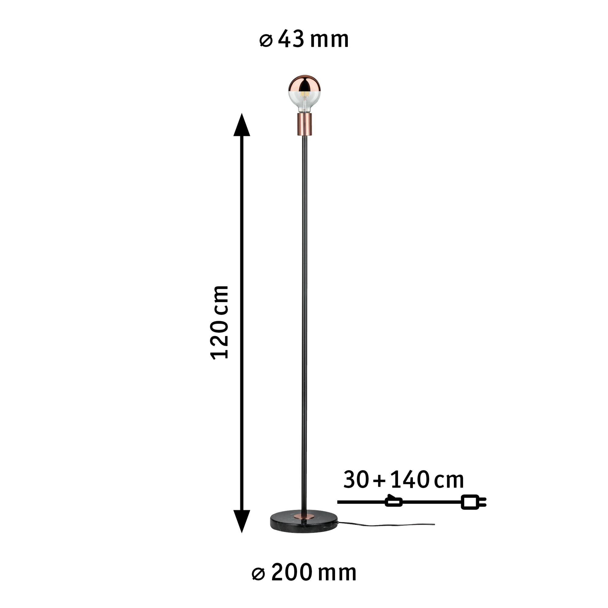 Stehlampe mit schwarzem Metallstab, kupferfarbenem Lampenhalter und rundem Marmorfuß, Maße 120 cm hoch