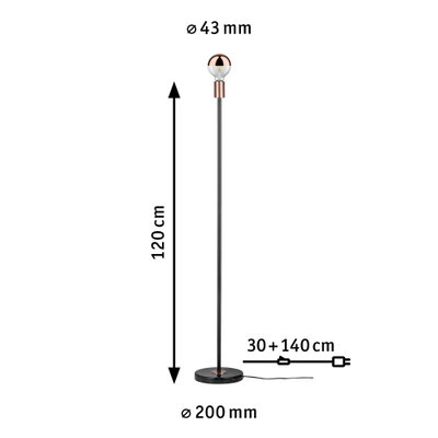 Lampadaire avec tige en métal noir, support de lampe cuivre et base ronde en marbre, hauteur 120 cm
