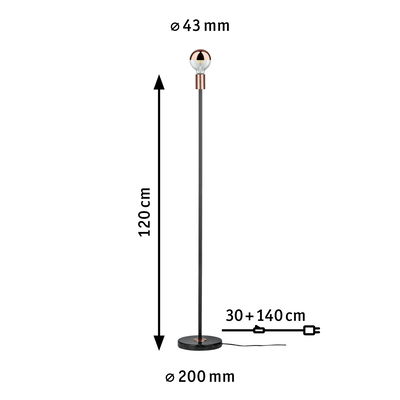 Floor lamp with black metal rod, copper lamp holder, and round marble base, 120 cm height, modern lighting