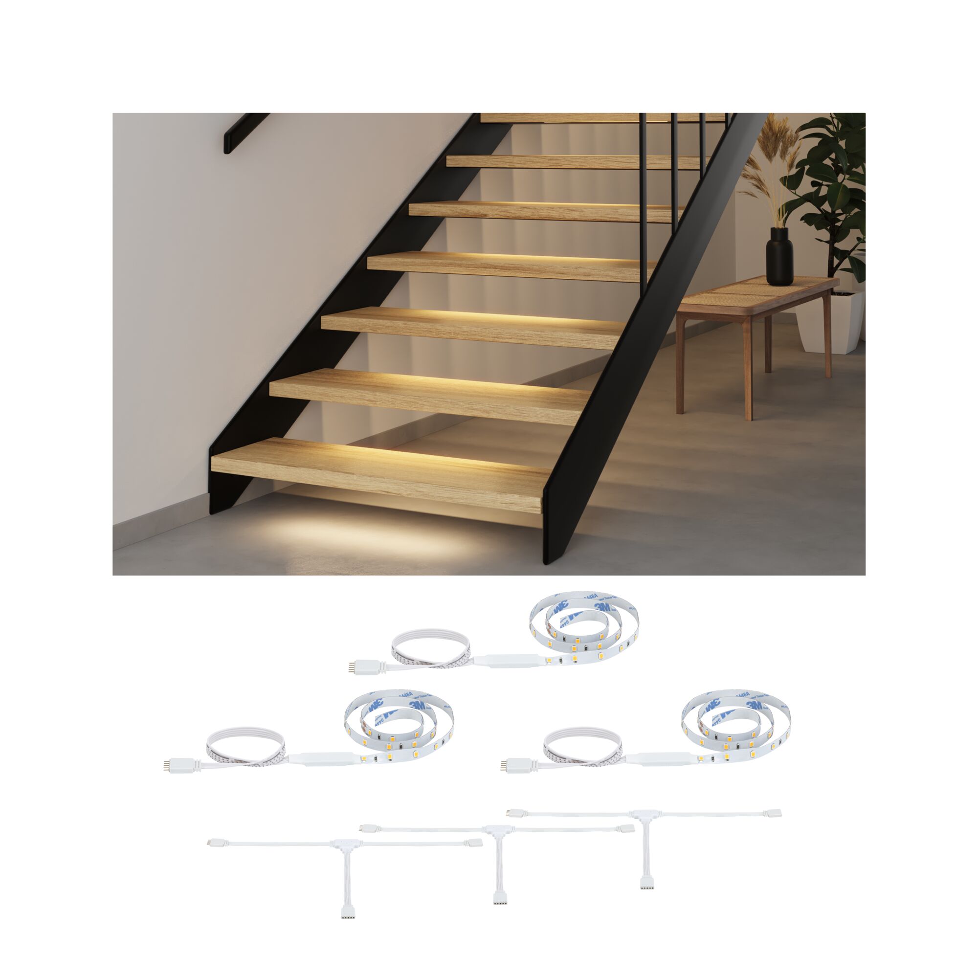 MaxLED Stair LED Strip Erweiterung 3x 0,5m 3x0,3W 64lm/m 2700K LED-Streifenbeleuchtung in warmweiß unter Holztreppenstufen mit Zubehör für indirekte Treppenbeleuchtung