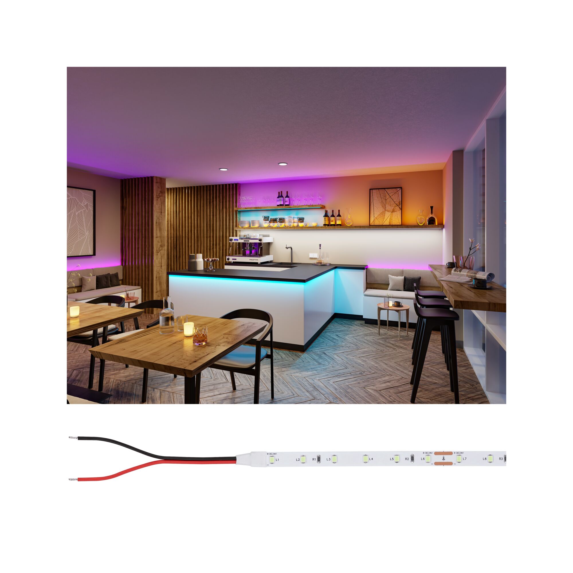Modern kitchen island with blue and purple LED strip lighting, wood and white materials, cozy dining area illumination