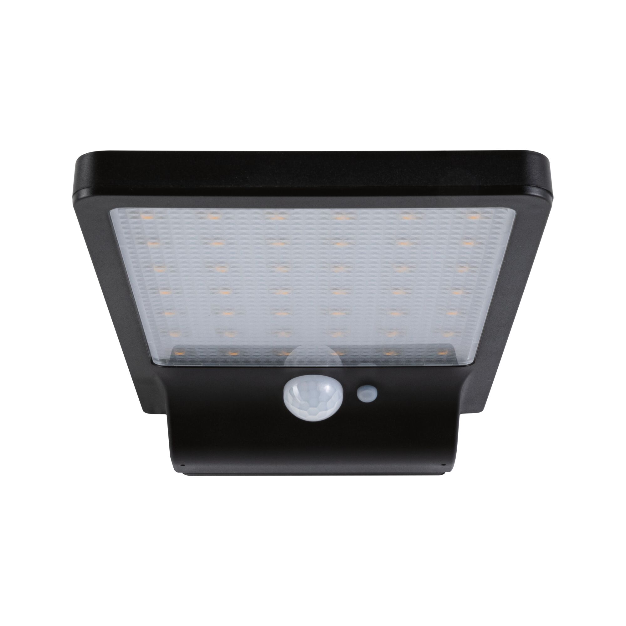 Black LED outdoor wall light with motion sensor and diffused cover for energy-efficient lighting