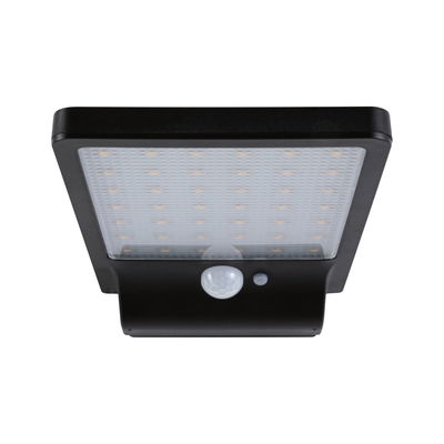 Black LED outdoor wall light with motion sensor and diffused cover for energy-efficient lighting