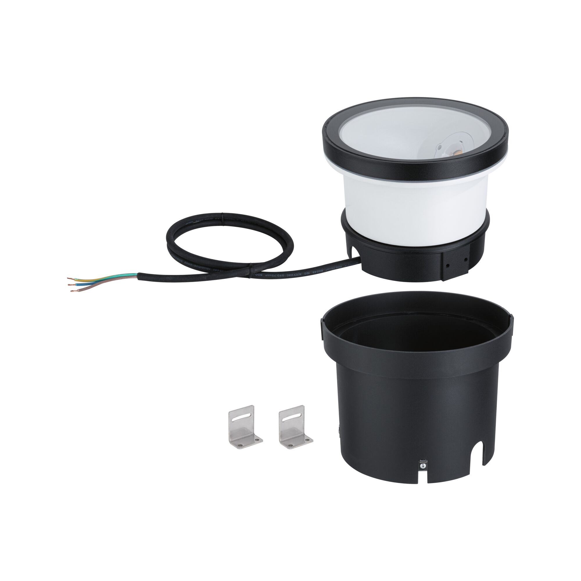 White LED recessed spotlight with black housing and cable, including mounting brackets for installation