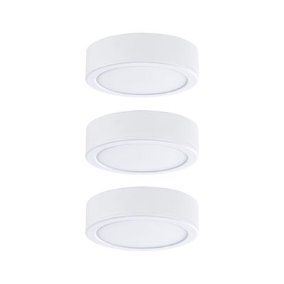 Three round white LED ceiling lights made of plastic for modern indoor lighting