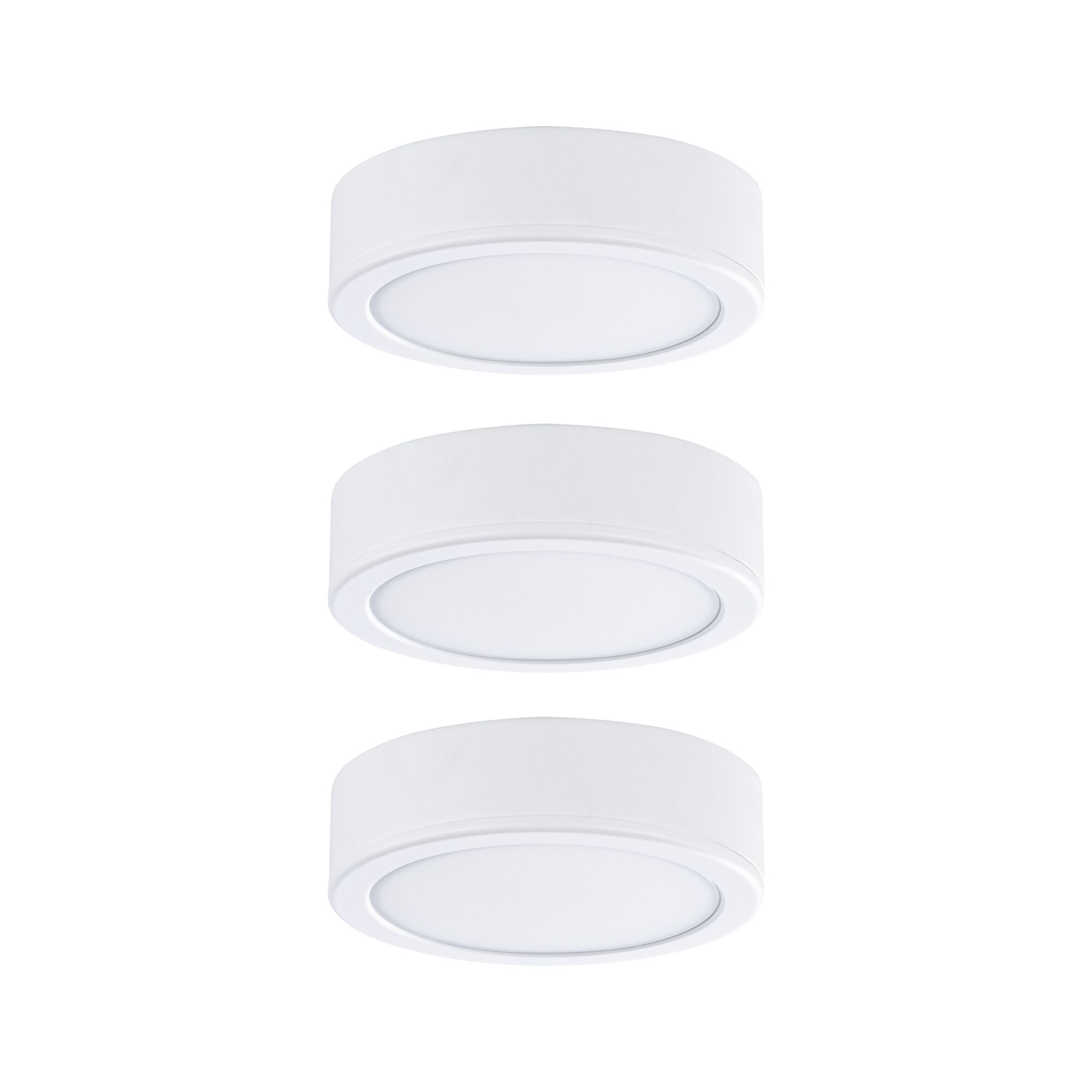 Three round white LED ceiling lights made of plastic for modern indoor lighting