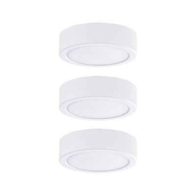 Three round white LED ceiling lights made of plastic for modern indoor lighting