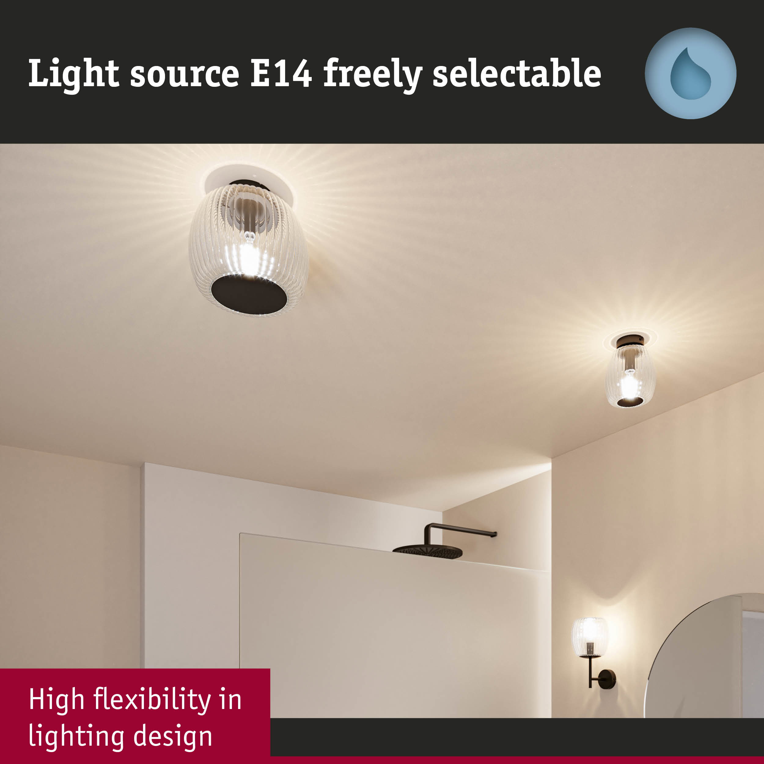 Modern ceiling light with clear glass and black base, flexible lighting design for living spaces