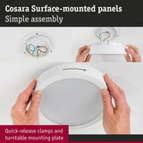 White Cosara surface-mounted panel with quick-release clamps and turntable mounting plate for easy assembly