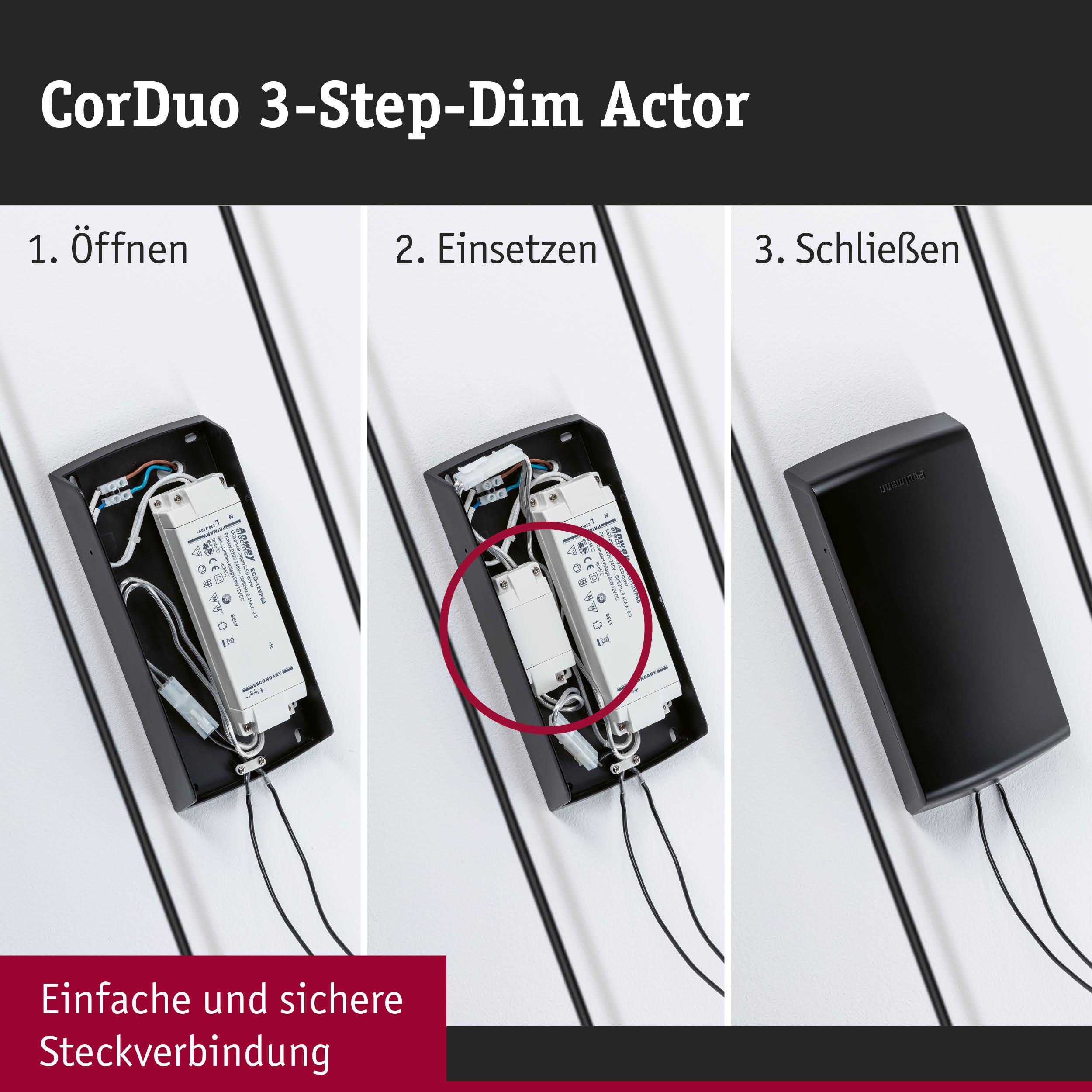 CorDuo 3-Stufen-Dim Actor Installation in schwarzem Gehäuse mit einfacher Steckverbindung und Kabeln