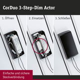 CorDuo 3-Stufen-Dim Actor Installation in schwarzem Gehäuse mit einfacher Steckverbindung und Kabeln