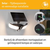 Zwarte solar buitenlamp met afneembare montageplaat, geïntegreerd kompas en waterpas voor eenvoudige installatie