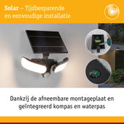 Zwarte solar lamp met drie heldere LED-lampen, geïntegreerd kompas en waterpas voor eenvoudige installatie