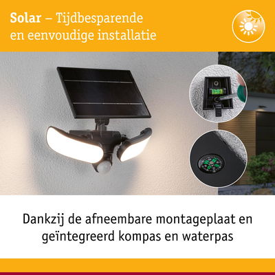 Zwarte solar buitenlamp met afneembare montageplaat, geïntegreerd kompas en waterpas voor eenvoudige installatie