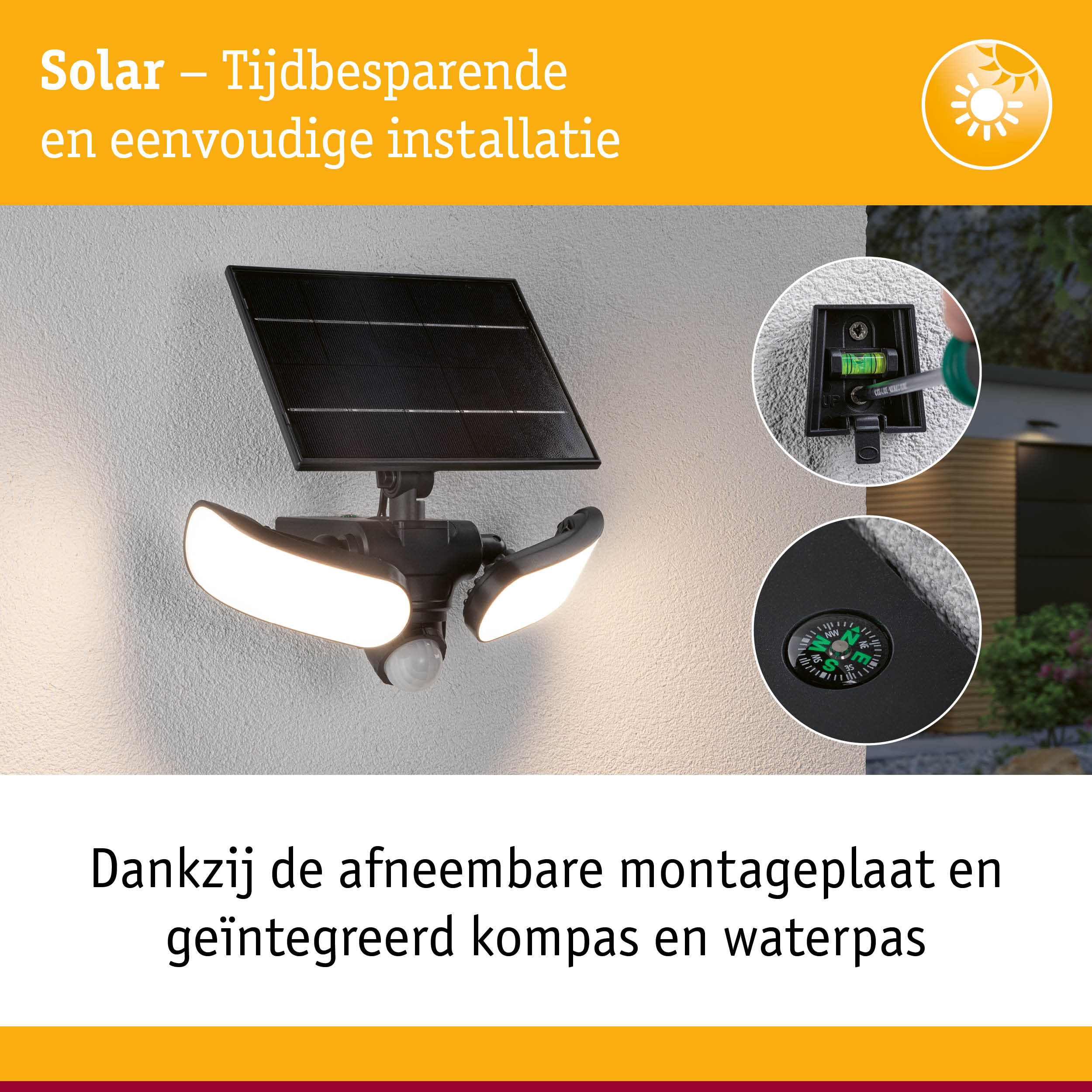 Zwarte solar lamp met drie heldere LED-lampen, geïntegreerd kompas en waterpas voor eenvoudige installatie
