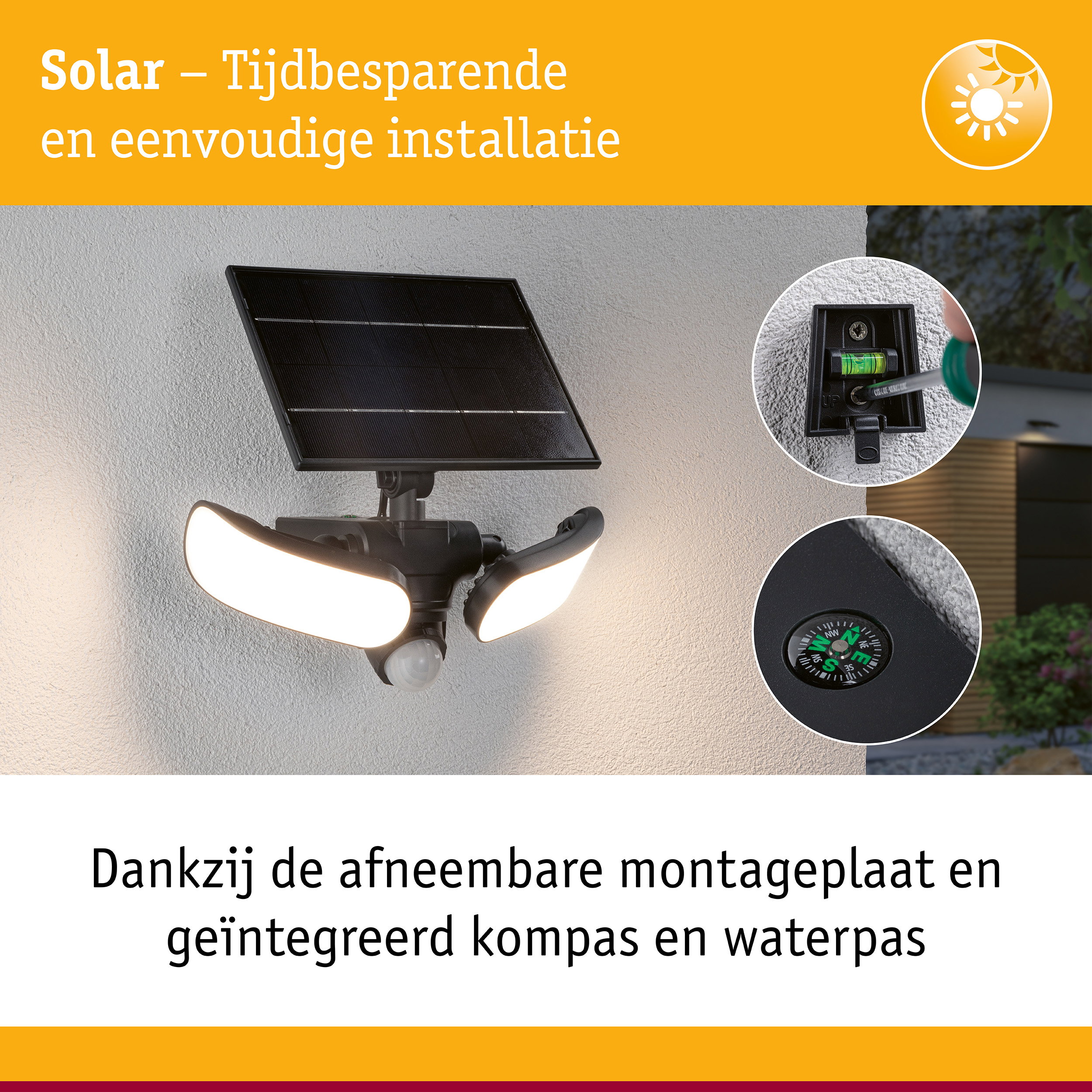 Zwarte solar lamp met drie heldere LED-lampen, geïntegreerd kompas en waterpas voor eenvoudige installatie