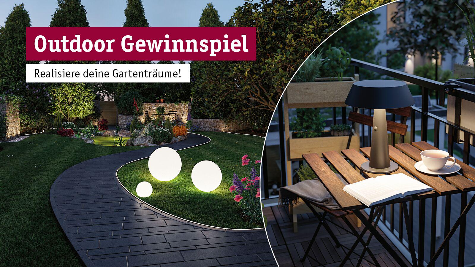 Gartenweg mit runden Outdoor-Leuchten und Balkon mit moderner Tischlampe, Tee und Buch bei Abendlicht