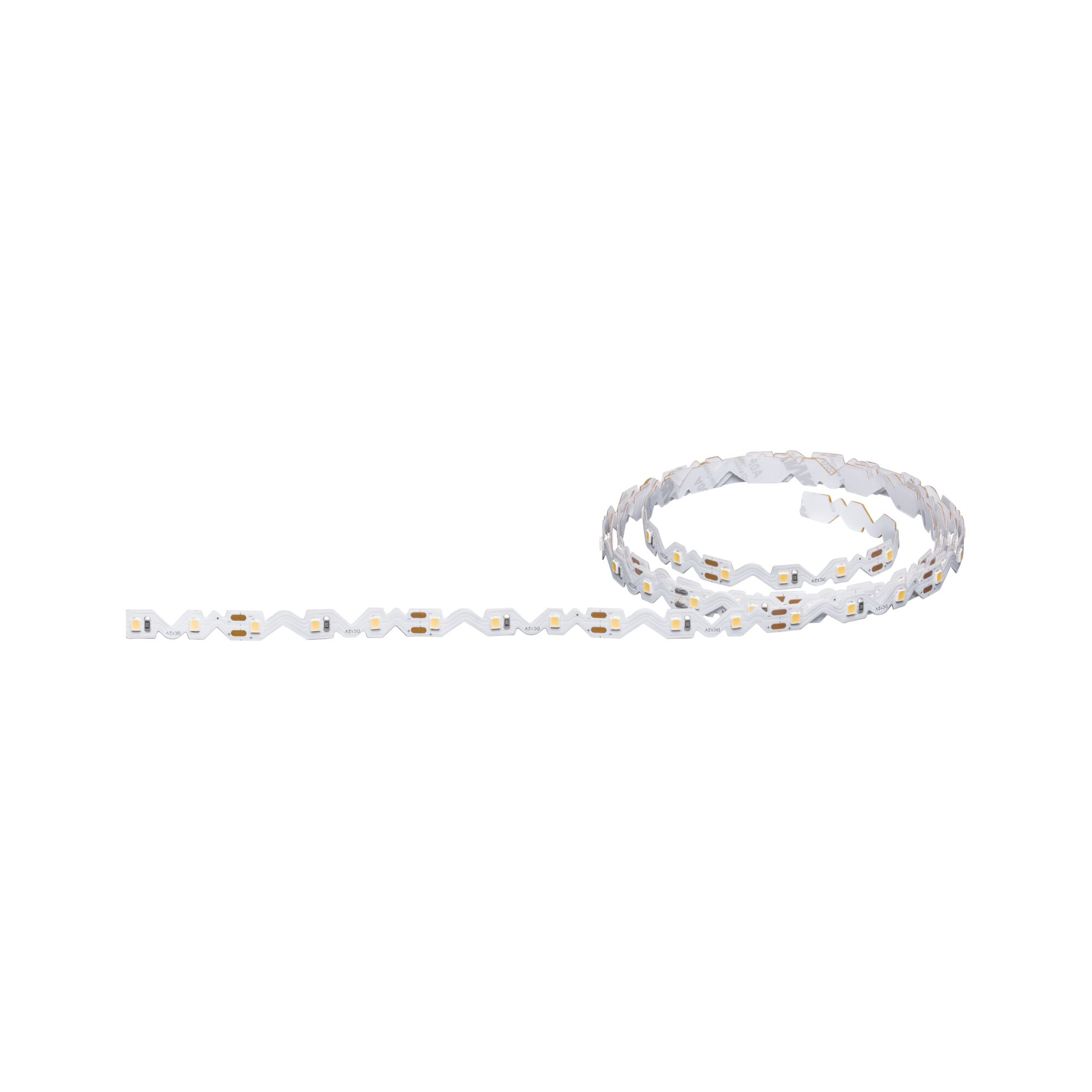 Flexible white LED strip light with small LEDs for decorative indoor lighting and accent illumination.
