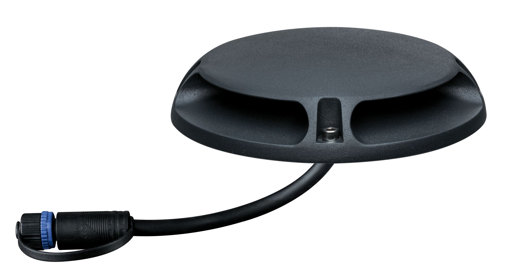 Round black plastic housing with cable and connector for LED lighting systems