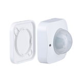 White plastic motion sensor with detachable mounting bracket for smart lighting control