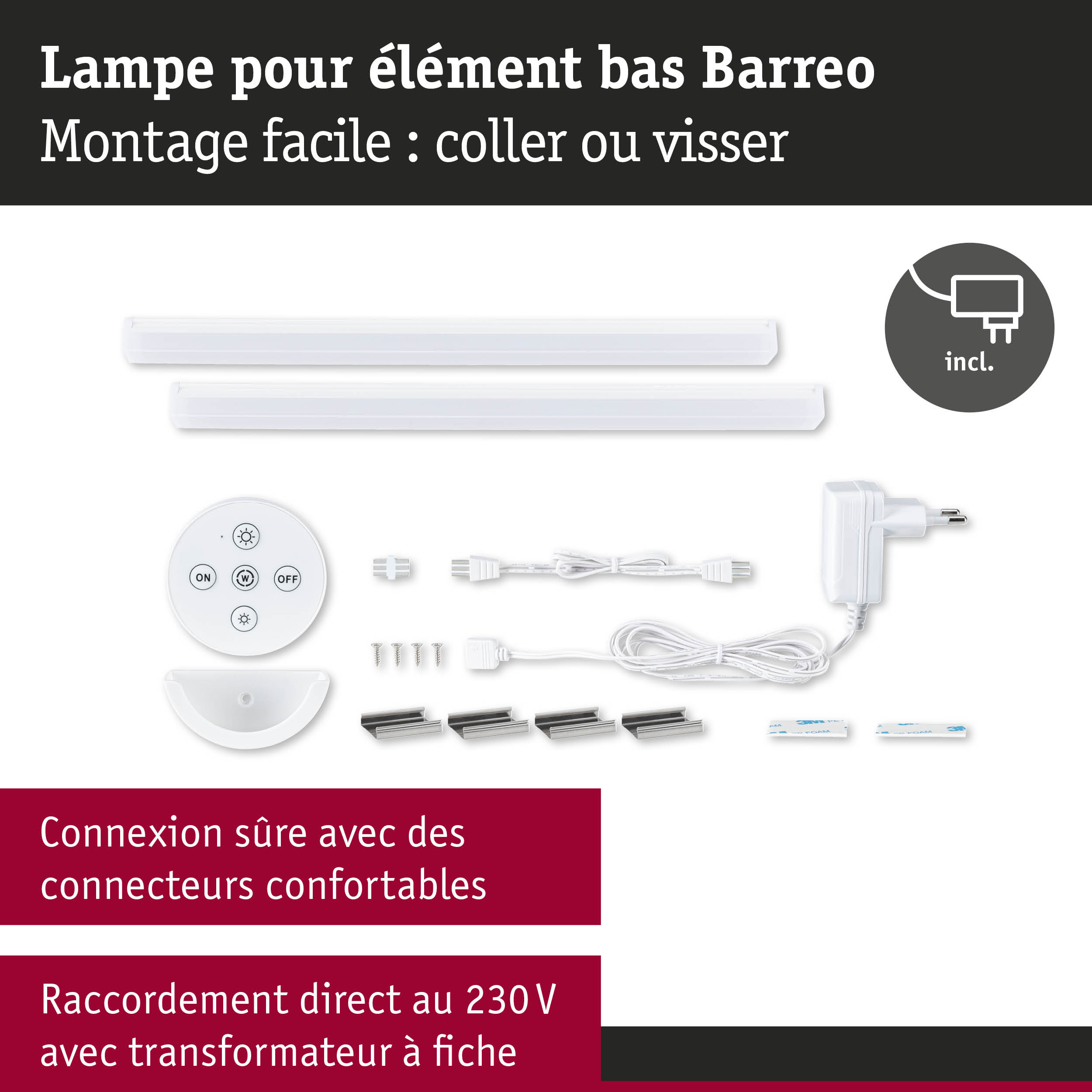 Ensemble de lampes LED Barreo blanches pour élément bas avec télécommande et accessoires de montage