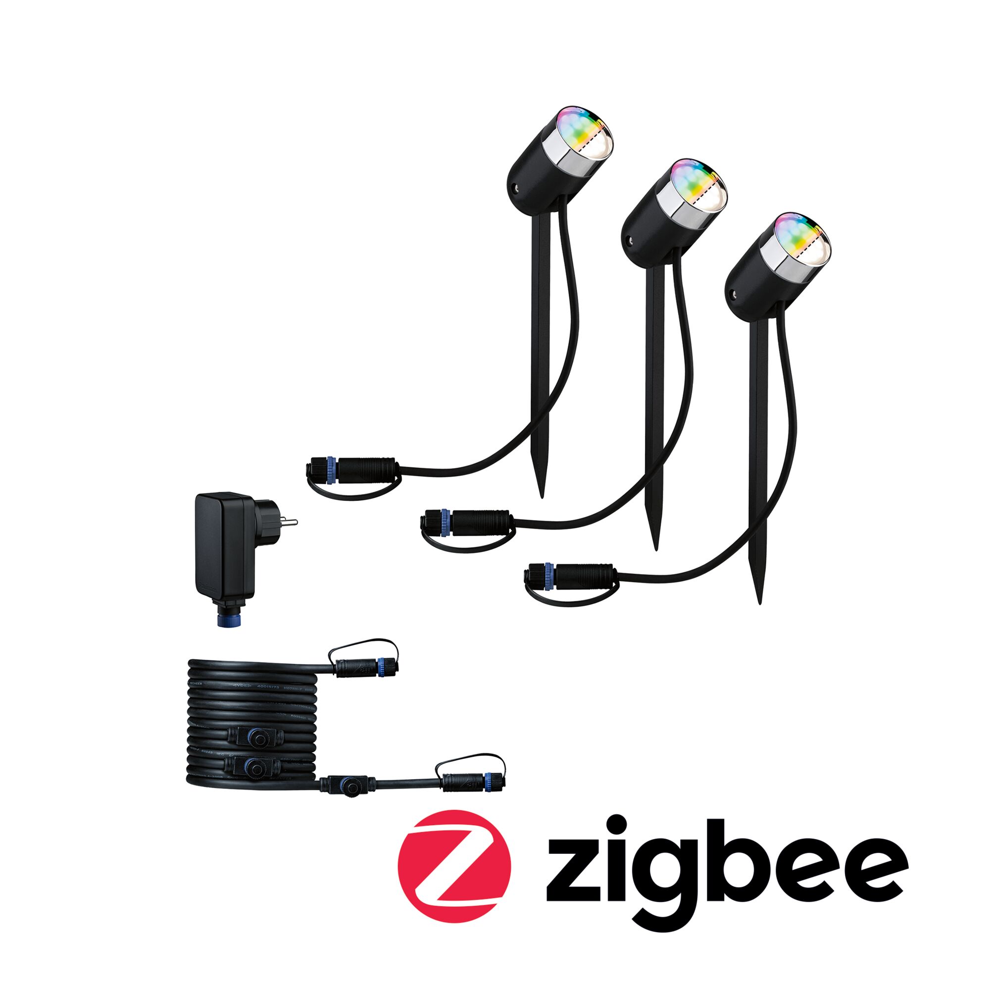 Drie zwarte LED-tuinschijnwerpers met grondpennen, kabel en adapter, Zigbee compatibel voor slimme buitenverlichting