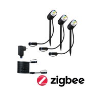 Trois projecteurs LED de jardin noirs avec piquets, câble et adaptateur, compatibles Zigbee pour éclairage extérieur intelligent