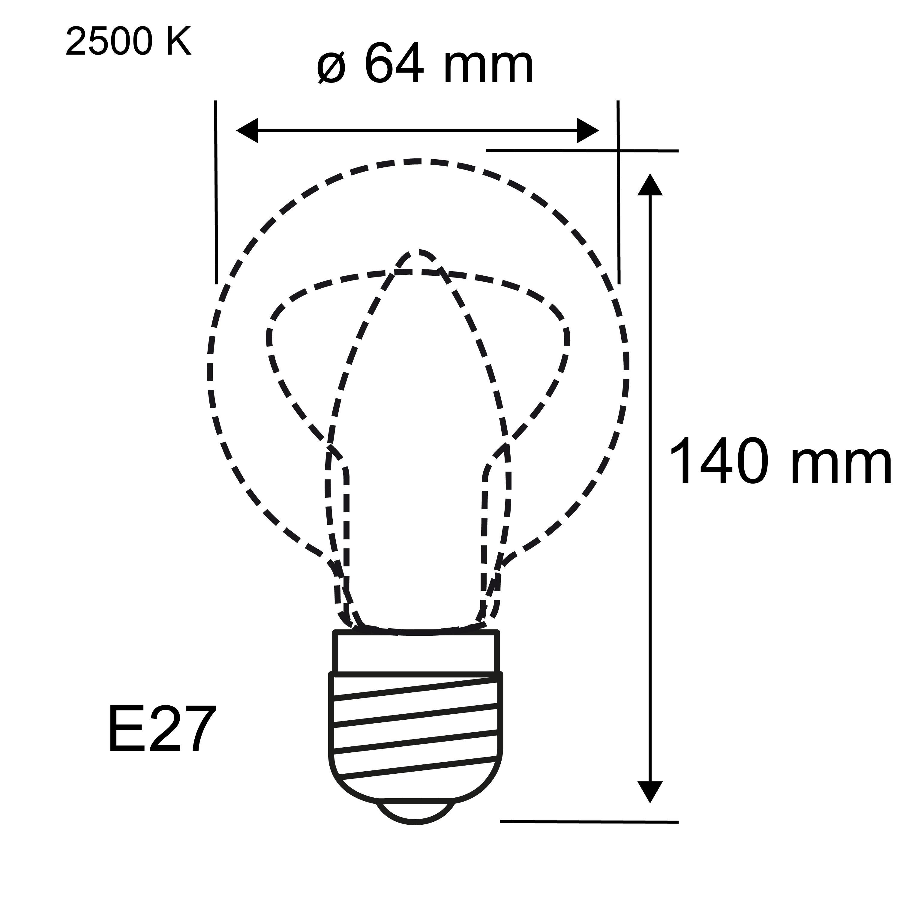 Technische Zeichnung einer E27 LED-Glühbirne mit 64 mm Durchmesser und 140 mm Höhe, 2500 K Lichtfarbe