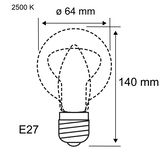 Technische Zeichnung einer E27 LED-Glühbirne mit 64 mm Durchmesser und 140 mm Höhe, 2500 K Lichtfarbe