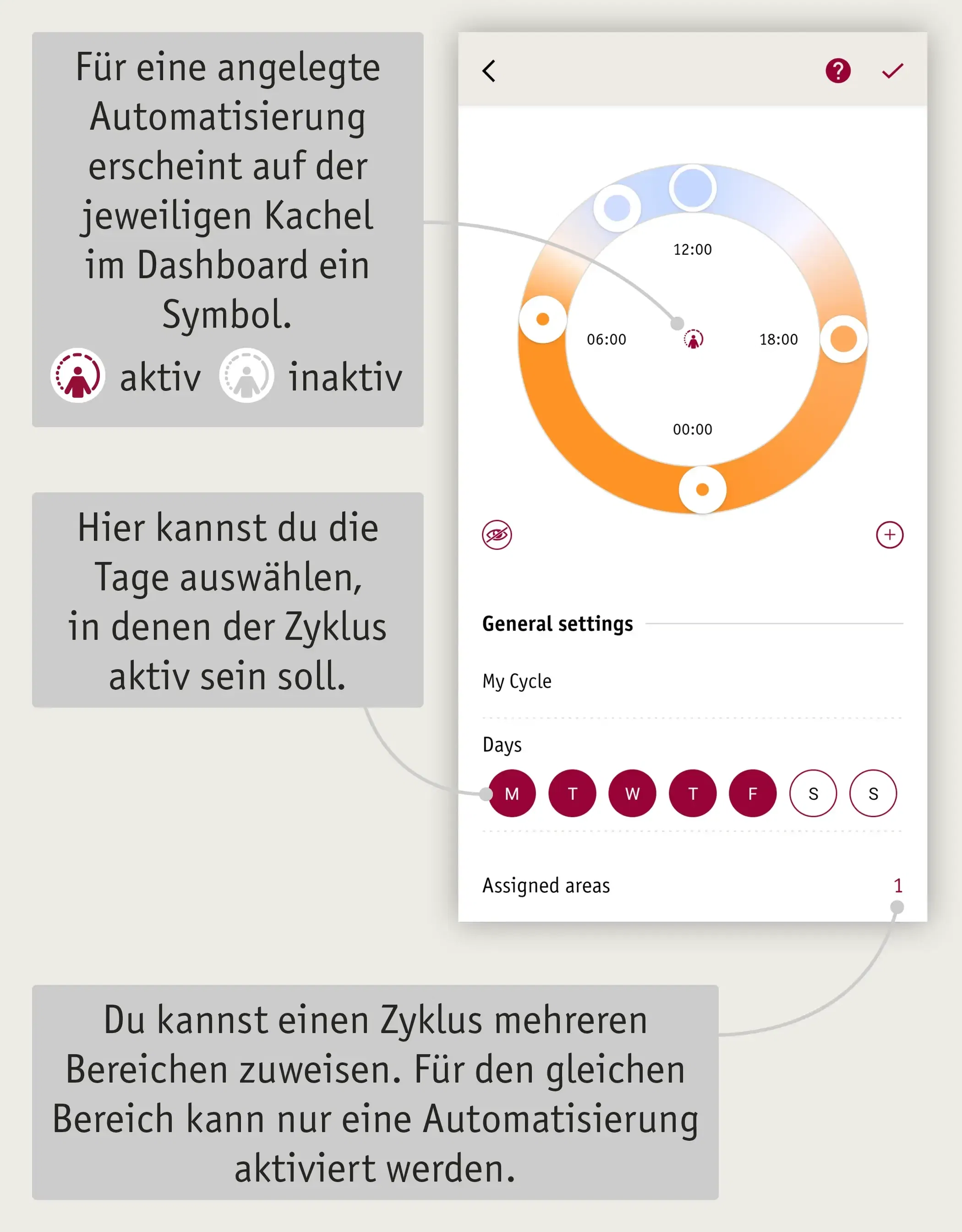 Smart Home App Bildschirm zeigt Zyklus-Einstellungen mit aktivierten Wochentagen und Zeitkreis für Automatisierung.