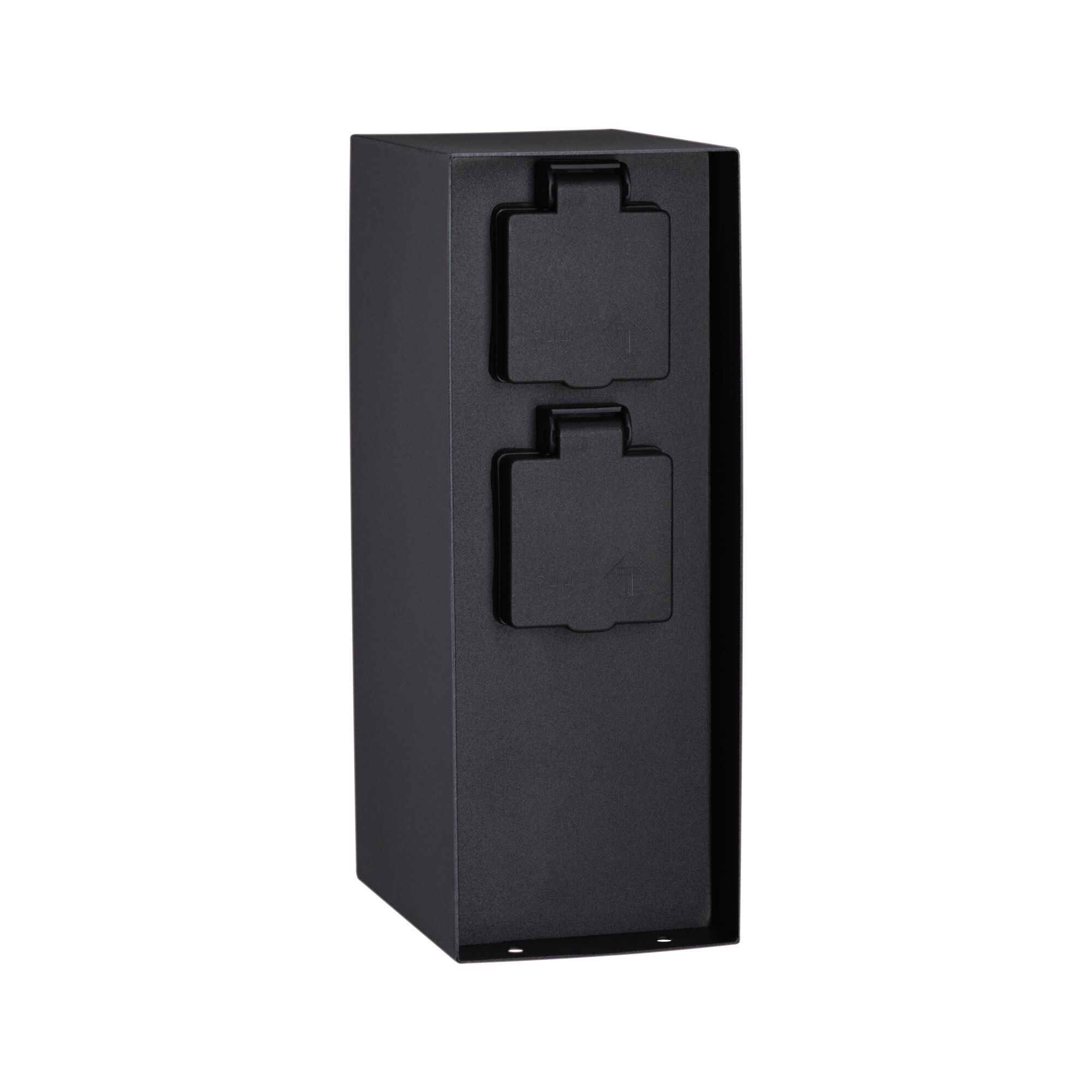 Black outdoor metal socket with two protective covers for weatherproof garden power supply.