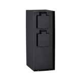 Black outdoor metal socket with two protective covers for weatherproof garden power supply.