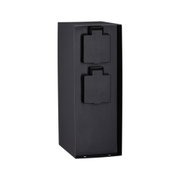 Black outdoor metal socket with two protective covers for weatherproof garden power supply.