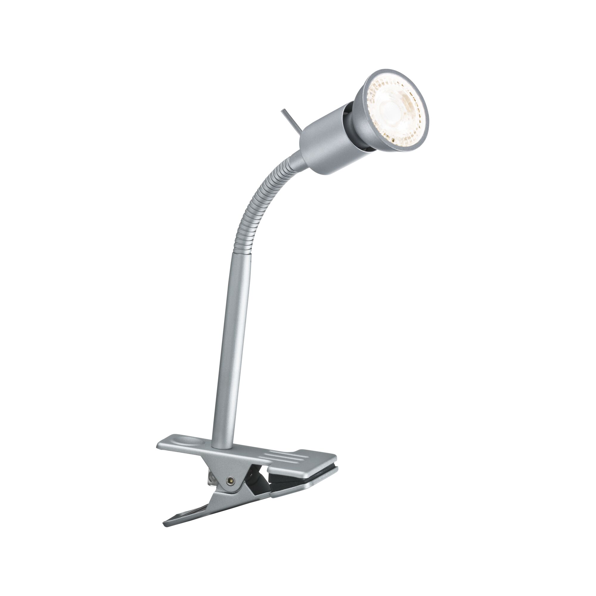 Silver metal LED clip lamp with flexible neck for focused lighting in office or home use.