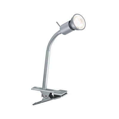 Zilveren metalen LED-klemlamp met flexibele hals voor gerichte verlichting op kantoor.