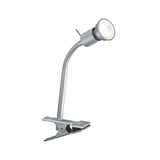 Silver metal LED clip lamp with flexible neck for focused lighting in office or home use.