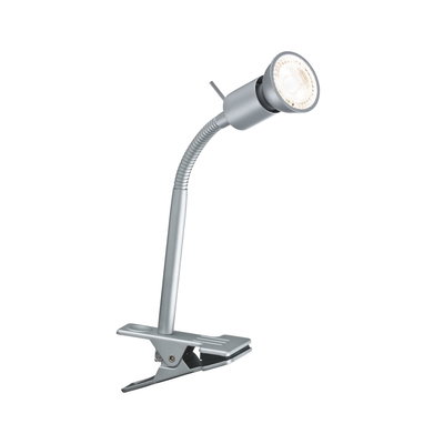 Silver metal LED clip lamp with flexible neck for focused lighting in office or home use.